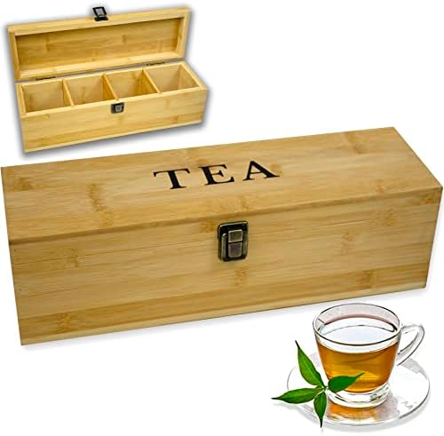 Bamboo Tea Organizer Box Chemical Free Eco-Friendly Big, Tall, Adjustable Cubbies Natural Wooden Storage Chest (4-Slot Rectangle 14.3"x 4.4" x 4.2" with TEA print design) by ZenEarthInspired