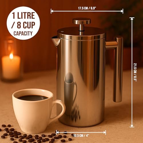 Red Ember Stainless Steel French Press 1L Cafetiere – Double Wall Insulated Coffee Maker, Unbreakable & Rust-Proof with 3-Layer Filter for Smooth, Rich Brew – Ideal for Home, Camping & Gifts - Image 3