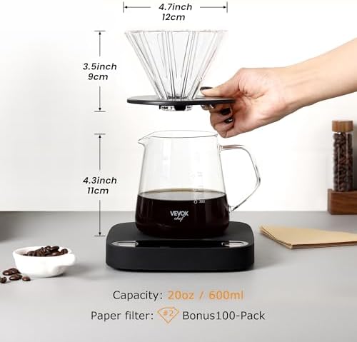 VEVOK CHEF Pour Over Coffee Maker Set with Extra 200PCS #2 Cone Coffee Filters Bundle, 20 Oz Glass Server Dripper Brewer with Unbleached Natural Paper Filters for Home Camping Outdoor - Image 3