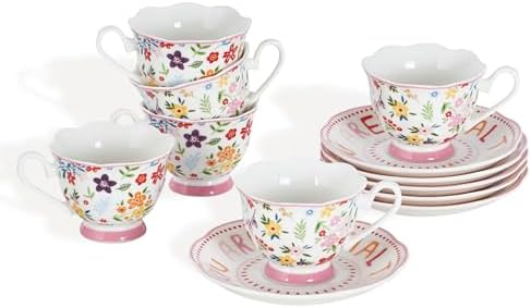 3oz Small Tea Cups & Saucers Set of 6, Floral Espresso Cups With Scalloped Edge, Ceramic Demitasse Cup for Coffee, Latte, Espresso Shot Mug for Espresso Machine, Women Gifts for Mother's Day, Birthday by Ursword