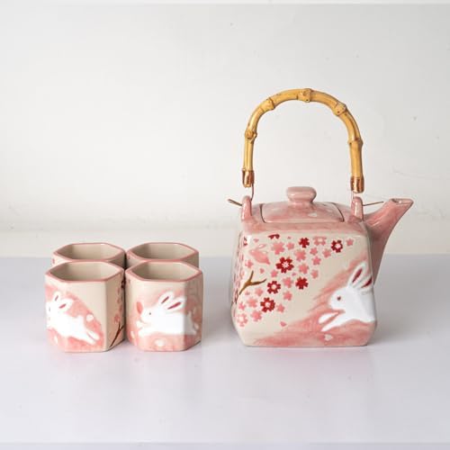 Porcelain Tea Set Square Shape 20 fl oz Teapot with 4 Hexagon Cups Hand Painted Cherry Blossoms Rabbit Design Top Handle Japanese Style (Pink) - Image 3