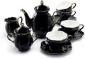 Grace Teaware Black Gold 11 Piece Black Gold Scallop Fine Porcelain Tea Set Hand Decorated Teapot Sugar Creamer Cup Saucer by Unknown