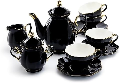 Grace Teaware Black Gold 11 Piece Black Gold Scallop Fine Porcelain Tea Set Hand Decorated Teapot Sugar Creamer Cup Saucer by Unknown