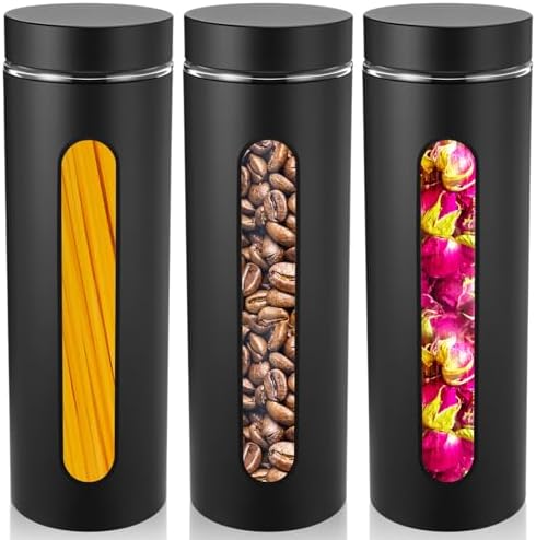 Mimorou 3 Pcs Stainless Steel Canister Set with Glass Windows Visible Storage Jars Silver Kitchen Canister Set for Pasta Flour Oat Sugar Container, Kitchen Tools, Housewarming Gifts(Black,60 oz) by Mimorou