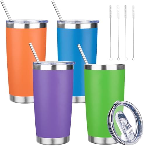20 oz Tumbler with Lids and Straws, Stainless Steel Insulated Travel Coffee Mug, Double Wall Vacuum Insulated Tumblers, Powder Coated Coffee Tumbler for Cold & Hot Drinks (Mix Color-2, 4 Pack) by YEBTSLife