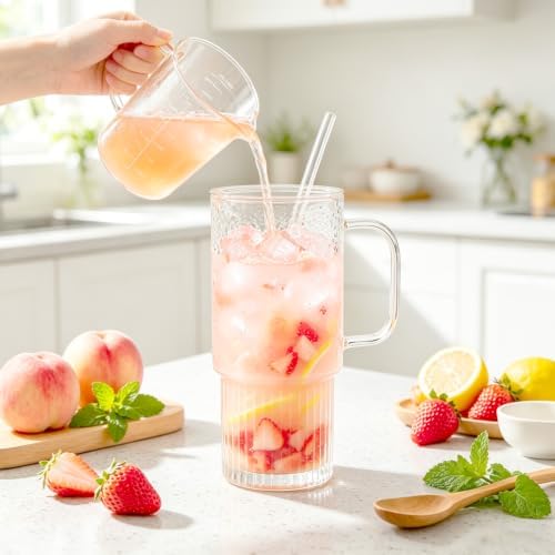 32 oz Glass Water Tumbler with Handle, Glass Cups with Bamboo Lid & Straw - Image 3