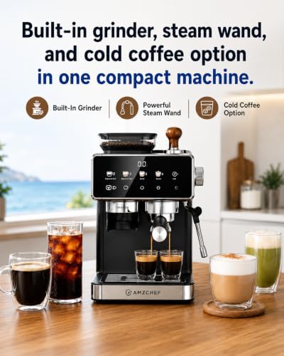 AMZCHEF Espresso Machine with Grinder, 20 Bar, Latte & Cappuccino, Black - Image 2