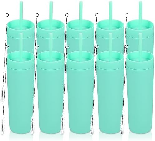 Volhoply 16oz Plastic Skinny Tumbler with Lid and Straw Bulk 10 Pack,Insulated Double Wall BPA Free Matte Acrylic Tumblers,Iced Coffee Travel Reusable Party Cup,Customizable Diy Gifts(Green,10 Set) by LiveFully%EF%BC%8CDrinkFreely%E2%80%94KeepGoingwithVolhoply%EF%BC%81