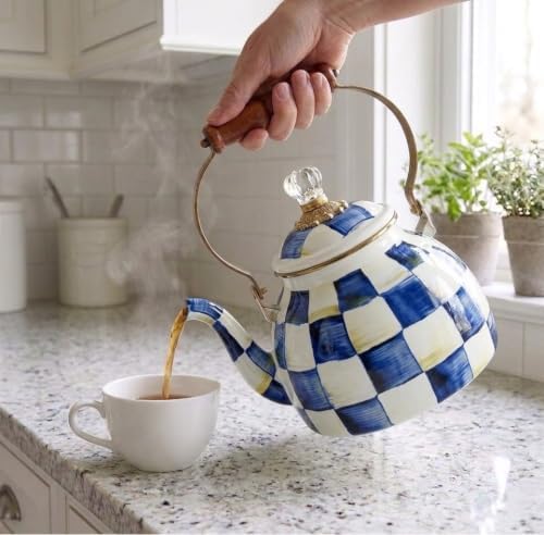 Checkered Tea Kettle for Checkered Kitchen Decor - Blue and White Tea Kettle for Stovetop - Stylish Enamel Teapot with Wooden Handle - Vintage Classic Teapot with Elegant Lid & Knob- 2.5 Quart - Image 4