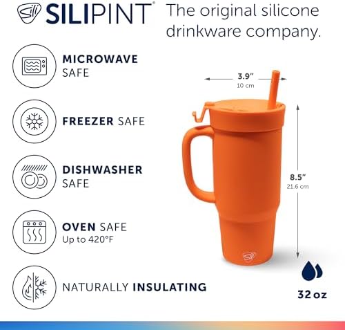 Silipint 32oz Silicone Tumbler with Handle, Flip Lid and Straw – BPA-Free, Non-Toxic, Freezer, Microwave, Dishwasher Safe Tumbler – Perfect for Tea, Smoothies (Classic Orange) Pack of 1 - Image 2