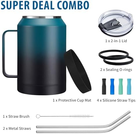 32/50oz Mug Tumbler with Handle and Straw - 32 oz Stainless Steel Wide Mouth Travel Coffee Cups w/ Lid, Reusable Home Office Work Mugs, Double Wall Vacuum Insulated Bottle Keep Cold 36 Hrs Hot 24 Hrs - Image 6