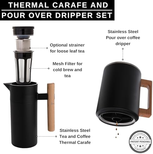 HASTINGS 40 Oz Pour Over Coffee Maker Set with Double Layer Reusable Stainless Steel Filter 8-Cup and Wood Handle - Dual Wall Heat Resistant Drip Coffee Brewer, Pour Over Coffee Dripper Carafe, Black - Image 2