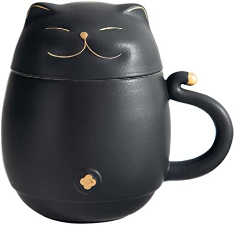 HEER Ceramic Black Cat Tea Cup 10oz with Infuser and Lid, Black by HEER