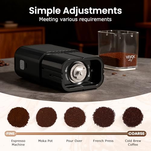VEVOK CHEF Portable Electric Coffee Grinder,Adjustable Stainless Steel Burr Coffee Bean Mill,One-Button Grinder with USB Rechargeable,Auto‑Stop for Espresso to French Press,for Outdoor Use(Black) - Image 2