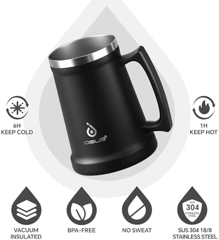 Ideus Insulated Beer Stein, 24/34oz Stainless Steel Double Walled Beer Mug Giant Bar Drinkware Metal Beer Cup with Big Grip Handle (Black, 34oz (1,000ml)) - Image 2