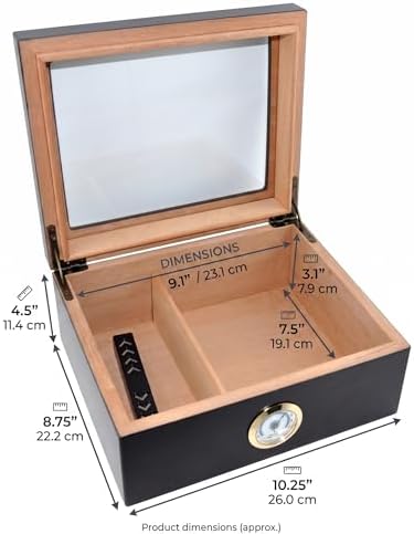 Premium Cigar Humidor - Holds 25-50 Cigars, Spanish Cedar Wood with Ebony Black Finish, Shatter-Resistant Glass Top, Built-In Hygrometer, Humidifier & Divider Included - 10.25" x 8.75" x 4.5" - Image 5