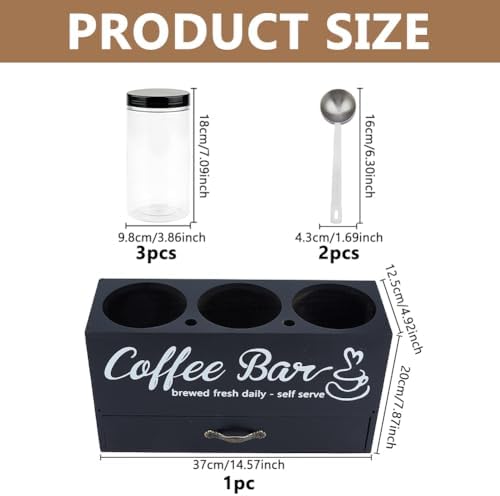 DICOSMETIC 1Set Wood Coffee Bar Container Black Coffee Bean Canister Storage Station with Shelf Coffees Storage Box with Drawer for Spoon Jar Nuts Sugar Kitchen Home - Image 2