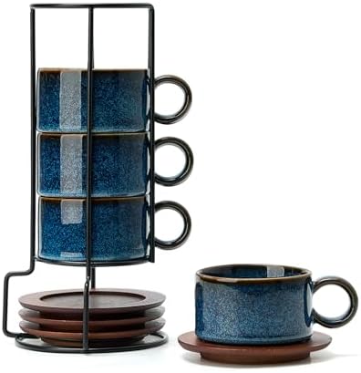 LUKA 6 Ounce Porcelain Stackable Espresso Cups with Saucers and Metal Stand Set of 4, Ceramic Cappuccino Cups Set for Specialty Coffee Drinks, Latte, Cafe Mocha and Tea, Reactive Blue by LUKA