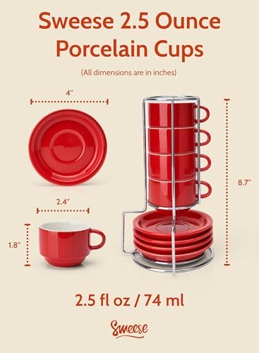 Sweese 2.5 Ounce Porcelain Stackable Espresso Cups with Saucers and Metal Stand Set of 4, Red - Image 2