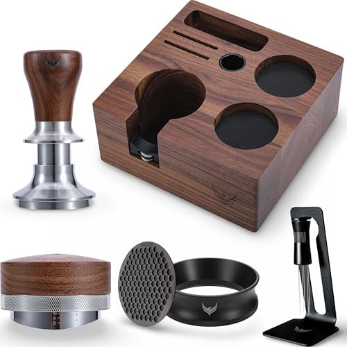 58.5mm Espresso Barista Kit – Walnut Espresso Press Tool Tamper, Espresso Distributor, Tamping Box, Dosing Funnel, Puck Screens, and WDT Tool by KNODOS