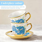 ALIMOTA 20 Pcs Porcelain Tea Set with Metal Holder and Spoon, European Ceramic Tea Set for Adults, European Flower Painting Teapot Cup Saucer Spoon Set for 6, Gift Pack (Blue and Pink) - Image 5