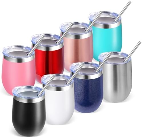 Volhoply 12oz Stainless Steel Wine Tumbler with Lid Bulk 8 Pack,Double Wall Vacuum Stemless Wine Glasses,Reusable Metal Travel Coffe Mug with Straw,Insulated Cups Gifts for Women,Christmas（Mix,8 Set） by LiveFully%EF%BC%8CDrinkFreely%E2%80%94KeepGoingwithVolhoply%EF%BC%81