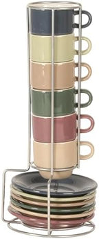 Gibson Home Brew Harmony 13 Piece Espresso Cup Set with Metal Rack, Stoneware Espresso Cups & Saucers, Solid Color Stackable Coffee Set, Café Style, Dishwasher & Microwave Safe - Image 6