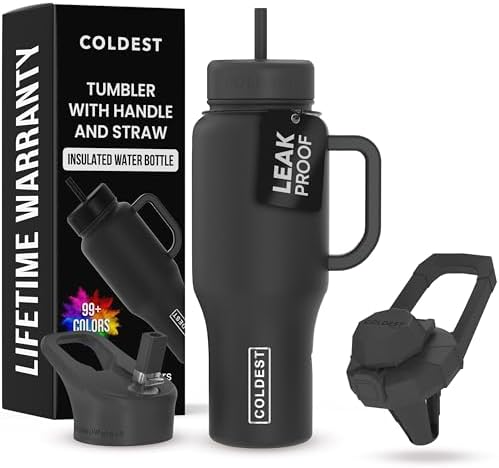 Coldest Tumbler with Handle and Straw - 100% Leak Proof Insulated Tumbler with Lid and Straw (3 Lids) - Stainless Steel Tumblers for Women & Men - Cup Holder Friendly Base, 36 oz (Stealth Black) by Coldest