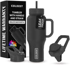 Coldest Tumbler with Handle and Straw - 100% Leak Proof Insulated Tumbler with Lid and Straw (3 Lids) - Stainless Steel Tumblers for Women & Men - Cup Holder Friendly Base, 36 oz (Stealth Black) by Coldest