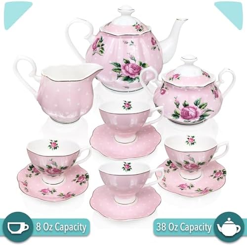 BTaT- Floral Tea Sets for Adults, 13 pcs, Service for 4, Pot (38 oz) & Cups (8 oz) with Saucers, Pastel Pink Floral Design with Gift Box, Porcelain Tea Set for Adult, Dishwasher Safe - Image 3