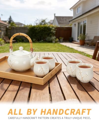Japanese Tea Set Porcelain Tea Set with Teapot and Tea Cup Set for 4, White Tea Sets for Adults with Stainless Infuser and Bamboo Tray, Asian Tea Set for Tea Lovers/Women/Men (White Plum) - Image 6