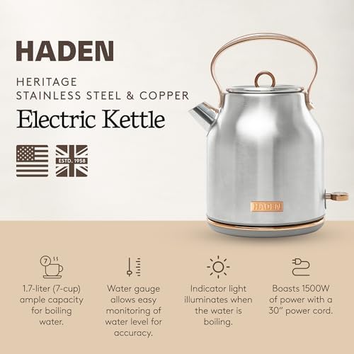 Haden Heritage 1.7 Liter Stainless Steel Electric Kettle, Hot Water Kettle with 360-Degree Base and Auto Shutoff, Steel & Copper - Image 2