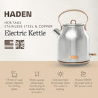 Haden Heritage 1.7 Liter Stainless Steel Electric Kettle, Hot Water Kettle with 360-Degree Base and Auto Shutoff, Steel & Copper - Image 2