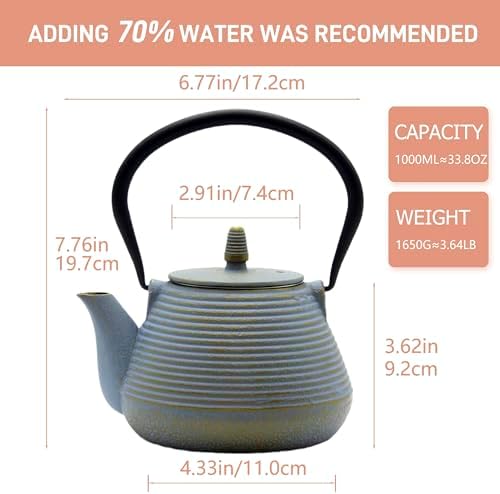 Teapot with Stainless Steel Infuser for Loose Tea, Cast Iron Tea Kettle for Stovetop Safe, Cast Iron Teapot Coated with Enameled Interior(33.8oz/1000ml) - Image 6