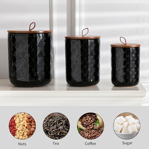 Ceramic Canisters Set, Black, Set of 3, Embossed Pattern - Image 6