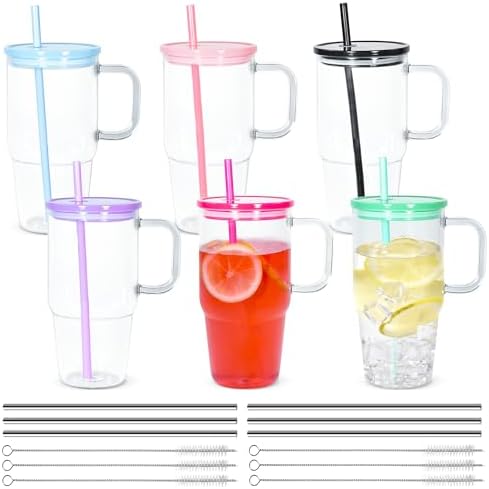 6Pcs 20oz Acrylic Tumbler with Handle, Plastic Cups with Lids and Straw by ICESIP