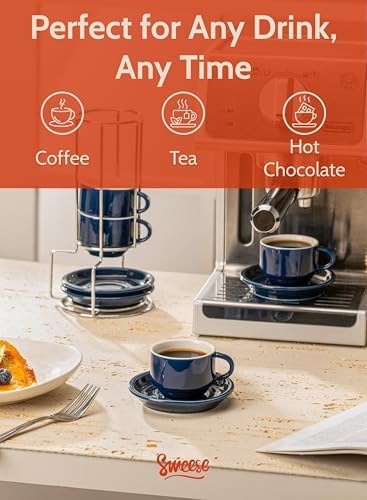 Sweese 2.5 Ounce Porcelain Stackable Espresso Cups with Saucers and Metal Stand Set of 4, Navy - Image 4