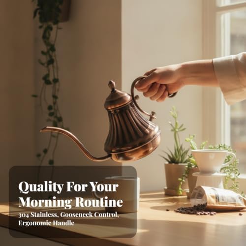 Easy to Clean Kettle | Food-Grade Stainless Steel, Gooseneck Coffee Kettle Fluted Body, for Home, Baristas, Bronze, 450ML - Image 4