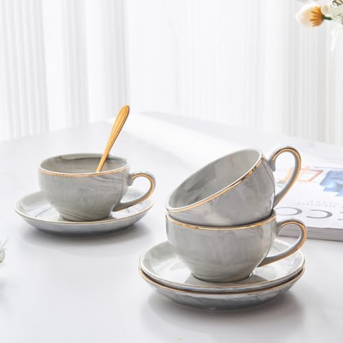 Ceramic Espresso Cups Set with Saucers and Metal Stand, 4 oz Porcelain Stackable Cappuccino Cups Teacup For Tea, Espresso, Latte, Coffee, Cafe Mocha（Gray） - Image 6