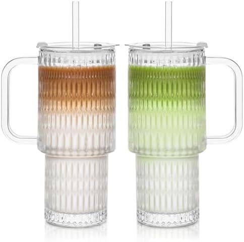 INSETLAN 24 oz Raindrop Glass Tumbler with Handle, 2-Pack Iced Coffee Cups by INSETLAN