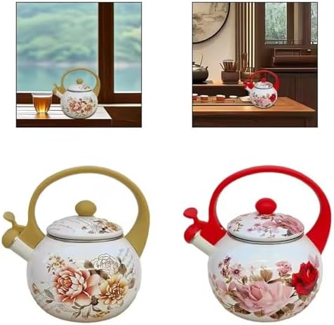 Whistling Enamel Stovetop Tea Kettle, Classic Enameled Steel Kettle with Ergonomic Anti-Scald Handle, Floral Teapot(Red) - Image 3