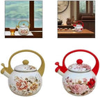 Whistling Enamel Stovetop Tea Kettle, Classic Enameled Steel Kettle with Ergonomic Anti-Scald Handle, Floral Teapot(Red) - Image 3