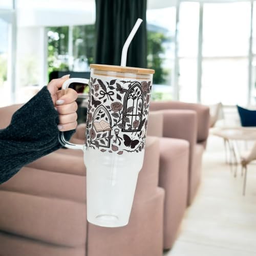 Sip-Sip Hooray! Dark Academia 40oz Glass Tumbler with Lid and Straw, Bookish Gothic Roses Books Gift for Book Lovers, Reader Iced Coffee Cup - Image 3