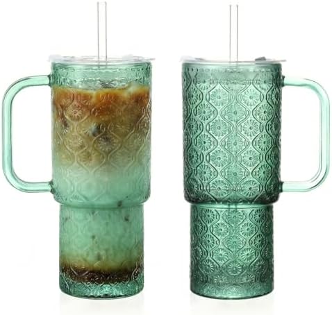 20 oz Green Glass Tumbler with Lid and Straw, Glass Iced Coffee Cups, Spill-proof Glasses Tumbler with Handle, Hobnail Glasses Drinking Set of 2, Vintage Glassware for Cocktail, Smoothies by Unknown