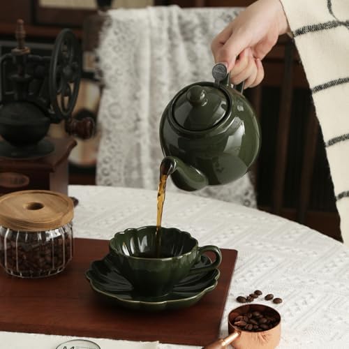Ceramic Flower-shaped Tea Cup and Saucer Set 5oz/150ml Cappuccino Coffee Mug and Saucer, Unique Designer Pottery Gift for Tea Lovers (Green) - Image 3