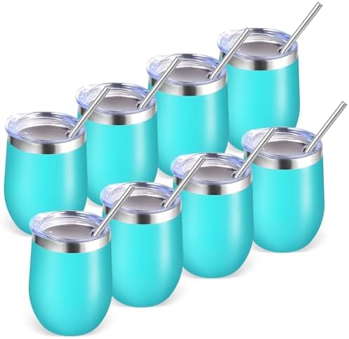 Volhoply 12oz Stainless Steel Wine Tumbler with Lid Bulk 8 Pack,Double Wall Vacuum Stemless Wine Glasses,Reusable Metal Travel Coffe Mug with Straw,Insulated Cup Gifts for Women,Christmas（Green,8 Set） by LiveFully%EF%BC%8CDrinkFreely%E2%80%94KeepGoingwithVolhoply%EF%BC%81