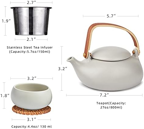ZENS Japanese Teapot Set with 4 Cups, 27oz Minimalist Ceramic Infuser Pot - Image 3