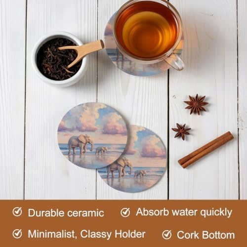 Beach Elephant Drink Coasters Set of 8 with Holder,Absorbent Round Ceramic Coasters for Desk,Natural Seaside Scenery Modern Paint Art Cup Mats for Home Kitchen Office Party Coffee Table Decoration - Image 5
