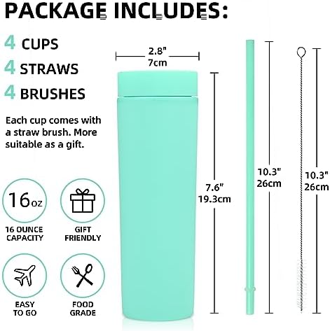 Volhoply 16oz Plastic Skinny Tumbler with Lid and Straw Bulk 10 Pack,Insulated Double Wall BPA Free Matte Acrylic Tumblers,Iced Coffee Travel Reusable Party Cup,Customizable Diy Gifts(Green,10 Set) - Image 2