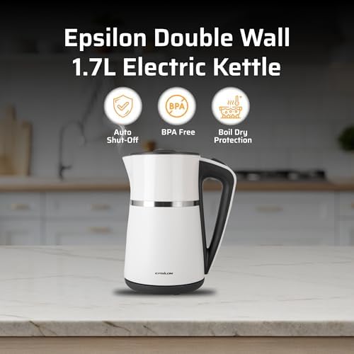 Epsilon Double Wall Electric Kettle 1100W – 1.7L Hot Water Tea Kettle & Hot Water Boiler with Auto Shut-Off, Boil Dry Protection, BPA-Free Stainless Steel Electric Teapot, Fast Boil, Cool Touch Design - Image 2